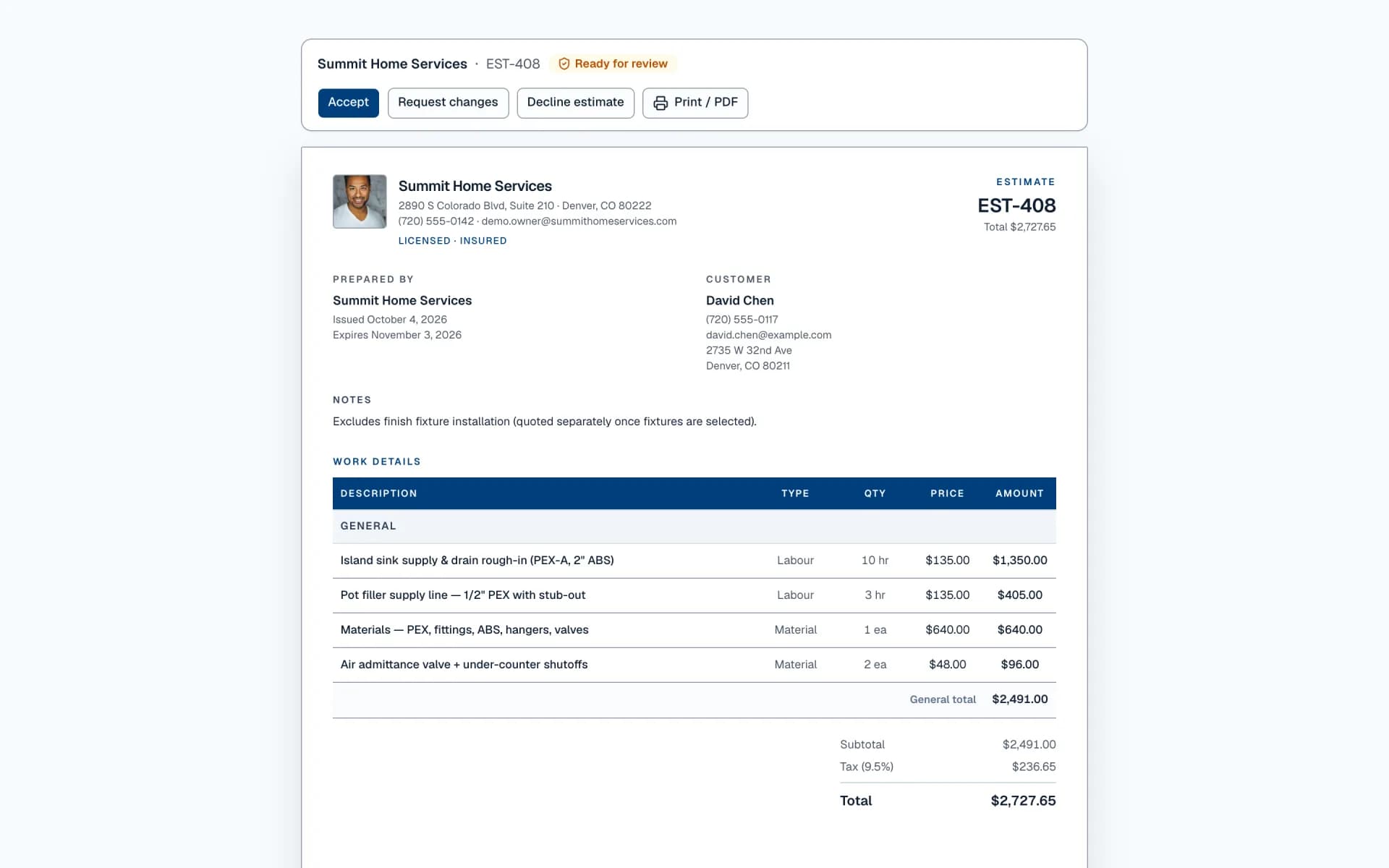 What the customer sees: the public estimate page with Accept and Request changes buttons