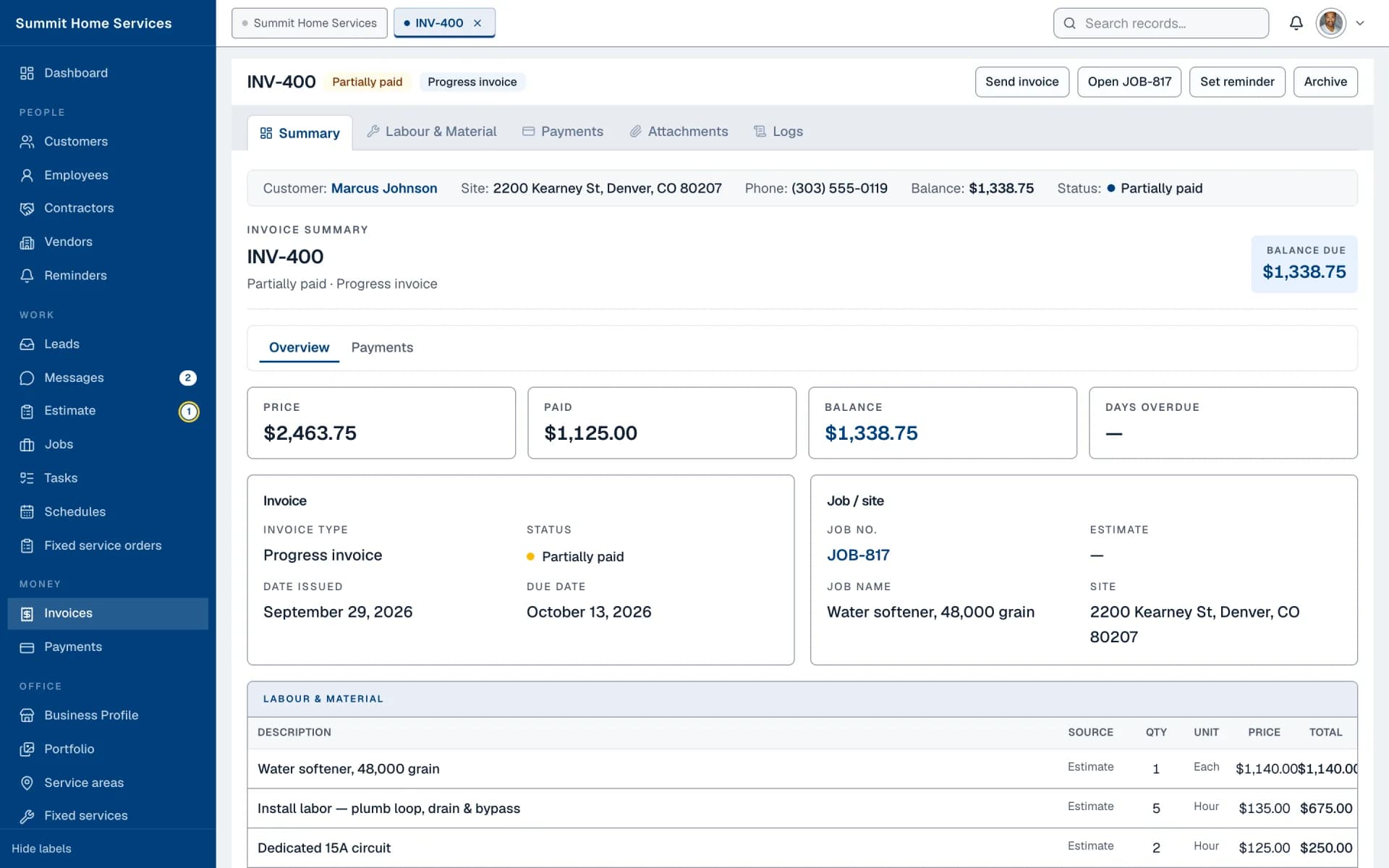 Invoice summary with price, paid, balance, and line items from the job