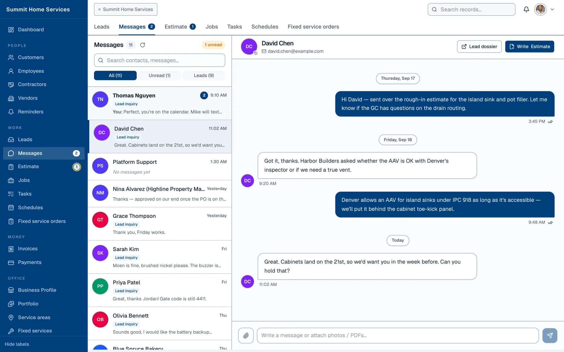Messages inbox with a customer conversation open
